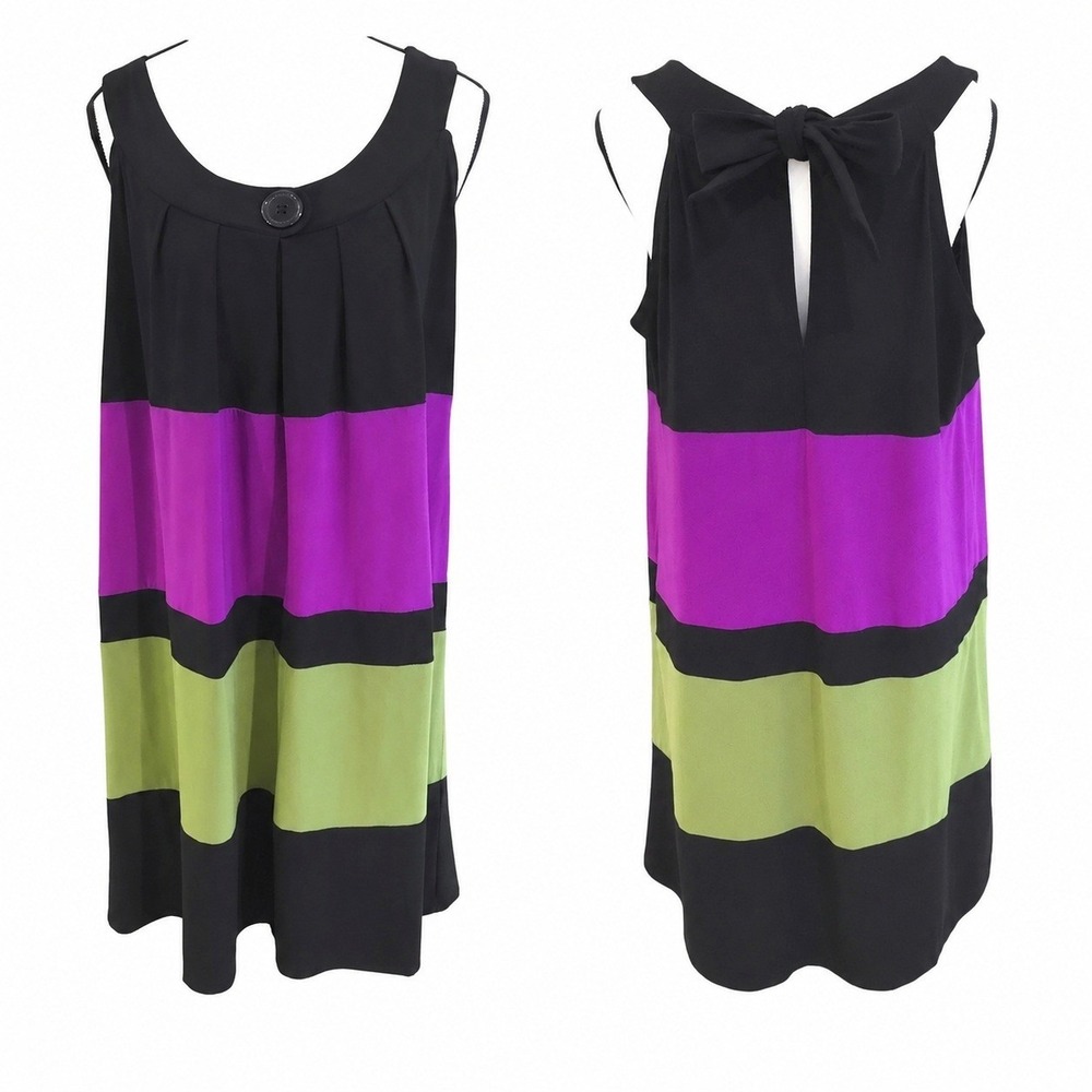 Blu Sage Colorblock Shift Dress XL Purple Green Black Bow Back‎ Mod Professional